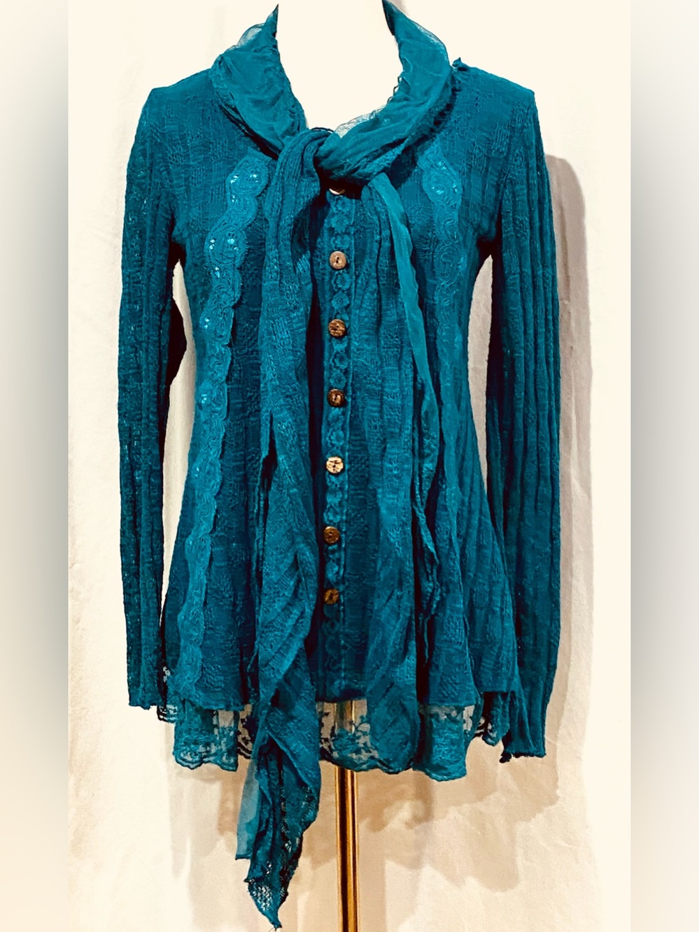 The Pyramid CollectionTeal Lace-Trim Button Front Women’s Sweater with Scarf